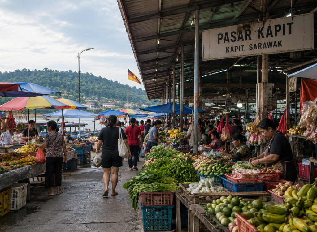 Bustling Pasar Kapit by the River